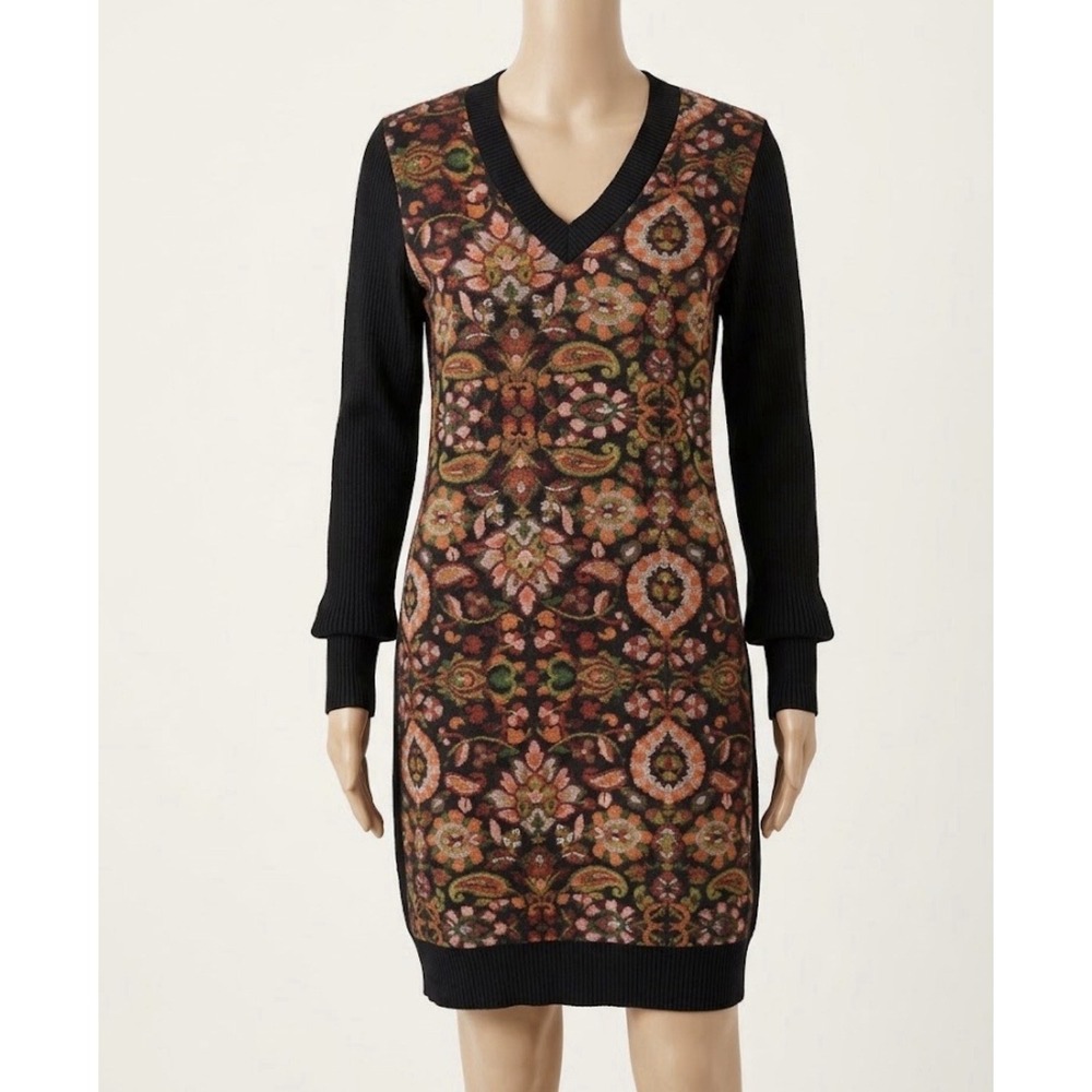 Xpression Womens XL Black Paisley Tapestry Knit Sweater Dress Tunic V-Neck Boho
